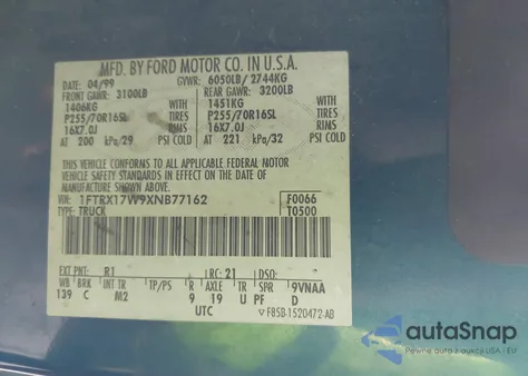 1999 Ford F-150 Lariat/Work Series/Xl/Xlt z USA, uszkodzony, nr VIN 1FTRX17W9XNB77162
